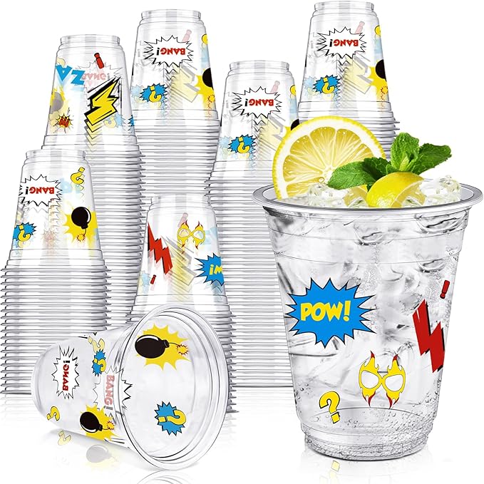 Uiifan 50 Pcs Hero Party Cups Supplies Bulk Comic Hero's Action Birthday Party Decoration 12 oz Cityscape Buildings Disposable Clear Plastic Cups for Hot Cold Drinking Birthday Favor