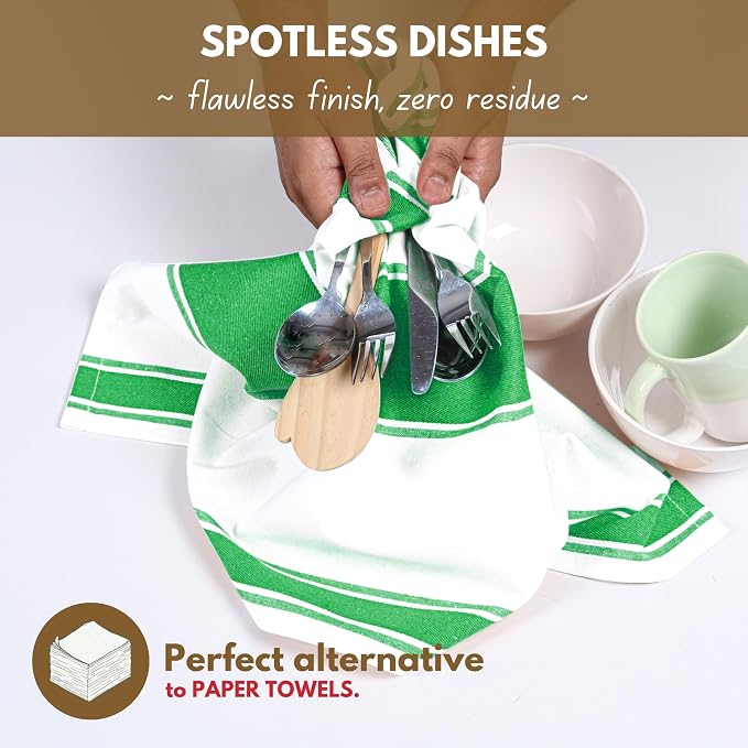 Native Fab Green Kitchen Towels 18 x 28 Inch, 6 Pack, Wide Stripe, Super Absorbent, Fast Dry, Soft, Cotton Dish Towels for Wiping Hands, Drying Dishes, Counter Cleaning Dish Cloth Set - Green