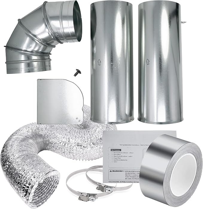3911EZ9131X Side Vent Kit for LG and GE Dryer, 4 inch x 8 feet Flexible Aluminum Duct Hose, 2 Stainless Steel Clamps, 3.9mil Aluminum Tape, 2 inch x 65 feet Insulation Duct Tape