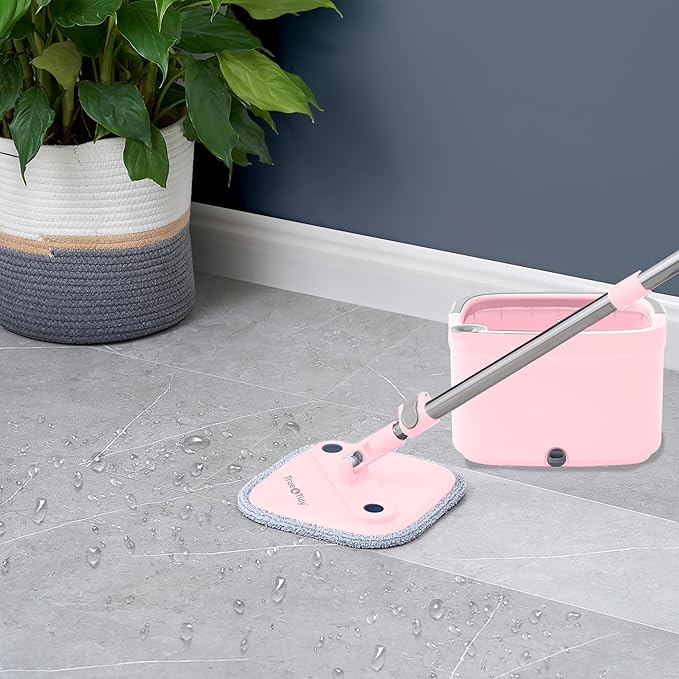 Spin Mop and Bucket with Separate Compartments for Clean and Dirty Water NEW 2025 Upgraded Version w/Side Brush and Self Standing Handle, Smart Square Mop w/ 2 Machine Washable Microfiber Pads, Rose