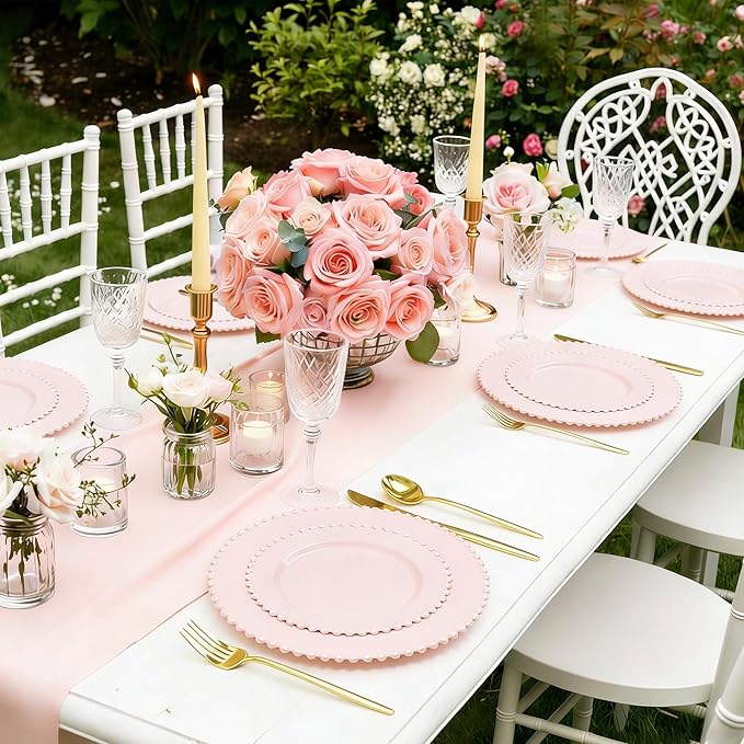 60PCS Pink Plastic Plates - Fancy Disposable Beaded Pink Plates Include 30 Dinner Plate 10’’ & 30 Dessert Disposable Plate 7’’ for Birthday, Baby Shower Spring, Wedding, Party & Mother's Day
