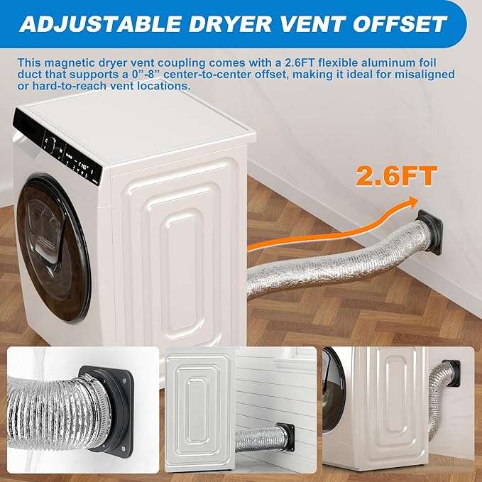 Magnetic Dryer Vent Coupling Connector Kit, Strong Magnet Airtight Seal, Quick Connect Disconnect, Easy to Clean Flexible 4" Exhaust Duct with 2 Clamps & Screws for Tight Spaces