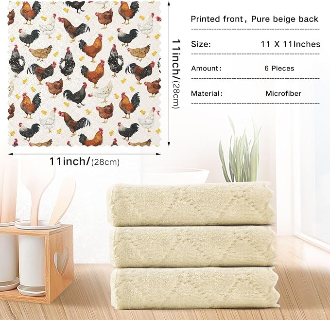 JIPONI 6 Pack Kitchen Dishcloth, Cute Chicken Rooster Pattern Absorbent Dish Towels Reusable Soft Cleaning Cloths 11 x 11 inch