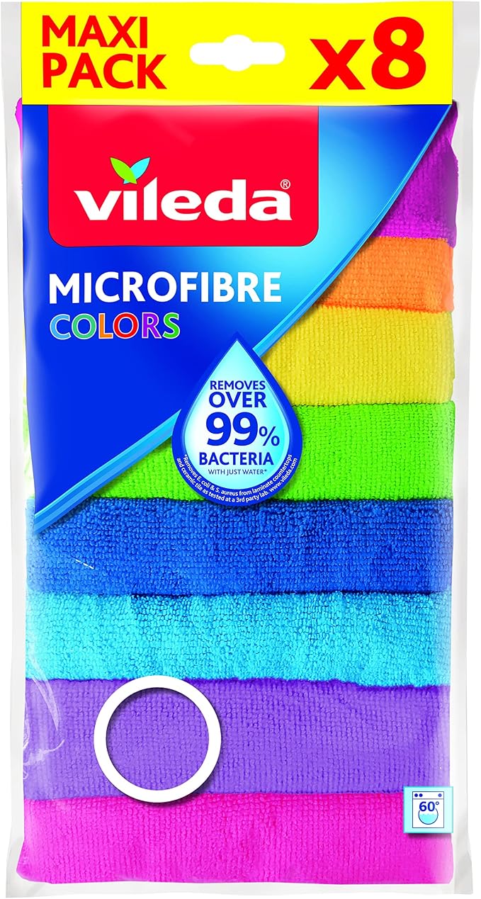 Vileda Microfibre Colors, Panni in Microfibra, Lavabili in Lavatrice, Riutilizzabili, Multicolore, 30x30 cm, 8 Pezzi