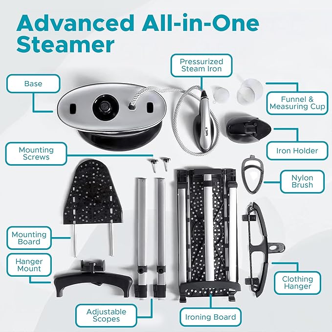 Steam & Go - All-in-One Garment Steamer and Iron, Pressurized Steamer For Clothes with Ironing Board and Clothing Hanger, Steam Iron Fabric Steamer for Wrinkles and Creases, Chemical-Free