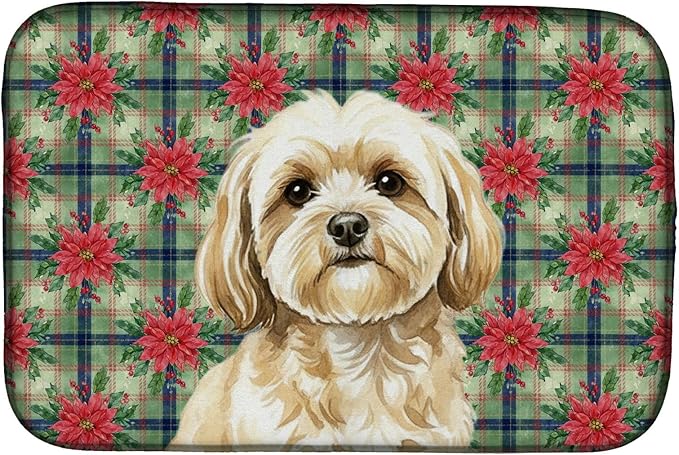 Caroline's Treasures Cream Lhasa Apso Christmas PoinsettIas Dish Drying Mat Absorbent Dish Drying Mat Pad for Kitchen Counter Dish Drainer Mat for Countertop, 14 x 21", Multicolor