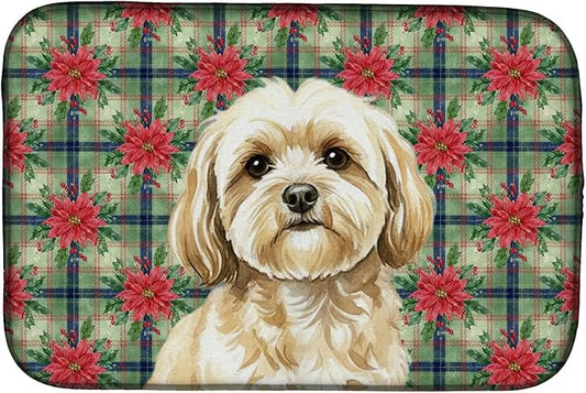 Caroline's Treasures Cream Lhasa Apso Christmas PoinsettIas Dish Drying Mat Absorbent Dish Drying Mat Pad for Kitchen Counter Dish Drainer Mat for Countertop, 14 x 21", Multicolor
