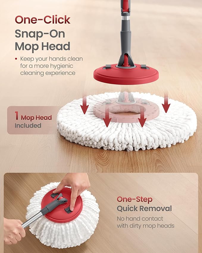 SONGMICS Spin Mop and Bucket Set with Pedal Wringer, Floor Cleaning Mop, Adjustable Telescopic Handle, Max. 59.1-Inch Length, 360° Rotating Head, 2 Microfiber Pads, Gray and Red ULMB002GT02