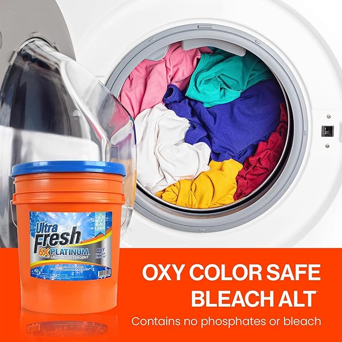 Ultra Fresh 6X Platinum Laundry Detergent, Up to 640 Loads, Bleach Alt, 5 Gallon Bundled with Laundry Detergent Sheets, Fragrance and Dye Free