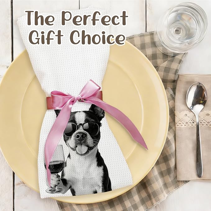 Funny Boston Terrier Kitchen Towels Set of 2, Dog Kitchen Bar Accessories, Dog Chef Gifts for Women Decorative Hand Towels for Kitchen Decor, Boston Terrier Lovers Dish Tea Towel, 16x24 Inch
