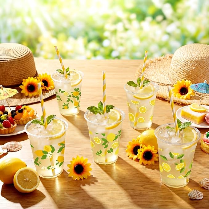 FoldTier 100 Pcs Lemon Plastic Cups with Lids and Straws 12oz, Disposable Lemon Drink Stand Cups for Birthday Wedding Bridal Baby Shower Supplies Summer Citrus Fruit Party Decorations