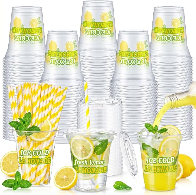 Umigy 100 Pack Plastic Disposable Cups with Lids and Straws 12 oz Disposable Cups for Juice Water Coffee Summer Party Sports Party Supplies (Ice Cold)
