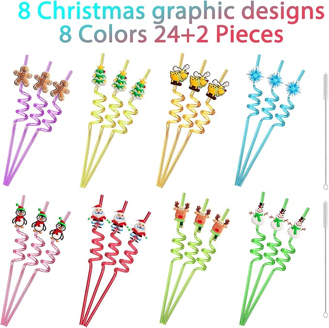24 Christmas Party Favors Classroom Favors Xmas Drinking Straws Goodie Gifts for Kids Adults Christmas Party Supplies with 2 PCS Cleaning Brushes