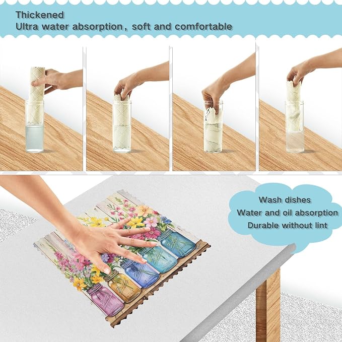 ALAZA Kitchen Towels Spring Floral Jars Rustic Dish Towels Multipurpose Reusable Dish Cloths Soft Cleaning Cloth Kitchen Accessories Set of 6,11"x11"