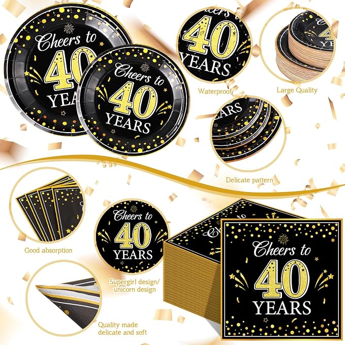 Pickmesh 250 Pcs 40th Birthday Party Supplies Decorations Serve 50 Black Gold Cheers to 40 Years Disposable Paper Plates Napkins and Cups for Women Men 50th Birthday Wedding Anniversary Party Supplies