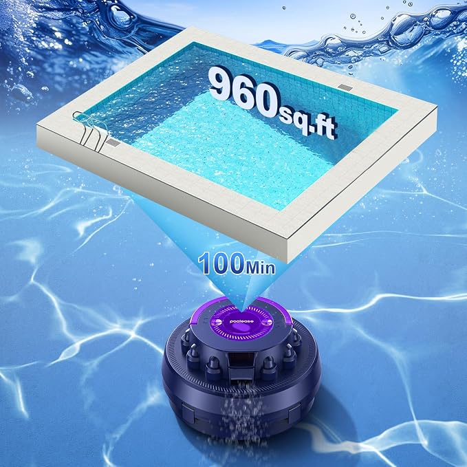 Cordless Robotic Pool Vacuum with Dual high-Powerful Motors Provide Strong Suction, 100 Min Runtime, Self-Parking, Pool Cleaner Robot for Above/In-ground Flat Pool up to 960 Sq.ft