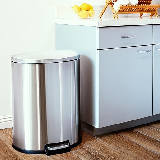 QUALIAZERO 50L/13 Gallon Stainless Steel Trashcan, Soft Close Lid & Smudge-Free Finish, Ideal for Home and Business Use, D Shape (Stainless Steel)