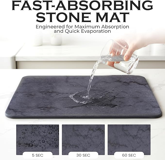 J.B Large Stone Drying Mat for Kitchen Counter - Quick Dry Stone Mat with Sink Caddy, Ultra Absorbent Dish Drying Stone for Kitchen Counter and Bathrooms, 16 x 12 Inch (Dark Gray/Black Marble Finish)