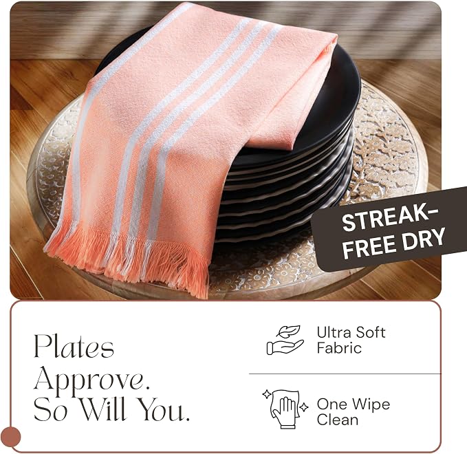 12 Pack Monochrome Stripe Dish Towels with Fringes, 16x26 Inch, 100% Cotton, Ultra Absorbent & Reusable, Quick Drying Kitchen Towels for Cleaning, Cooking, Drying, Easy Care, Orange