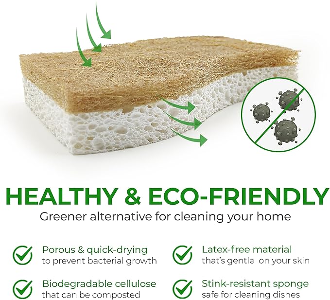 AIRNEX Natural Kitchen Cleaning Bundle - 12 Compostable Cellulose & Coconut Sponges & 10 Cellulose Swedish Dishcloths - Non-Scratch Dish Sponges & Reusable Absorbent Cleaning Cloths