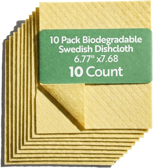Restaurantware Swedish Dishcloths Pack of 10 Cellulose Reusable Absorbent Yellow Kitchen Towels, Washable Quick-Dry Dish Towels, Sustainable Cleaning Cloths Super-Absorbent Biodegradable Odorless