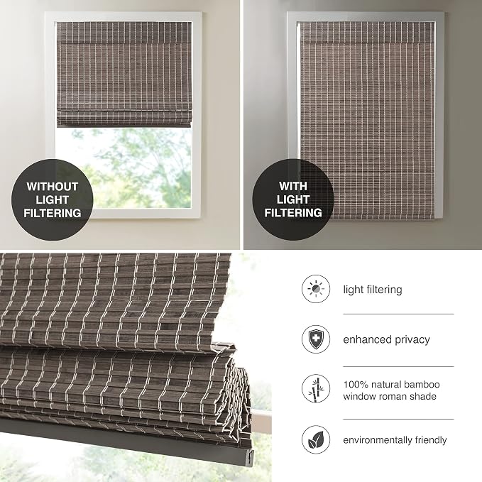 Madison Park Eastfield 100% Bamboo Cordless Roman Shades-Woven Wooden Privacy Panel, Light Filtering Easy Installation Window Blind Treatment, Bedroom, Living Room Decor, 29" W x 64" L, Grey Ash