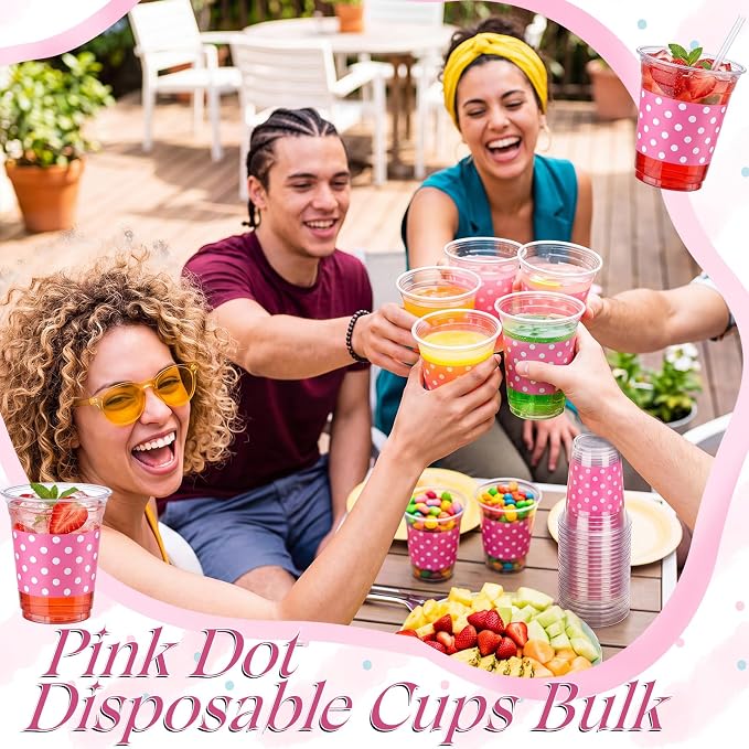 Qinyoung 50 Pcs Plastic Cups 12oz Disposable Cups Bulk Drinking Cup for Cold Drinks Baby Shower Wedding Birthday Valentine's Day Party Supplies (Pink Dot)
