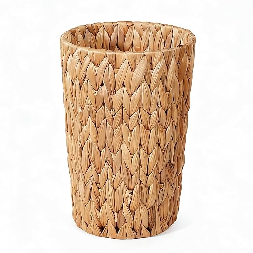 PINXIURY Trash Can, Boho Wicker Waste Basket, Natural Woven Trash Bin, Round Trash Cabinet, Tilt Out Trash Can Cabinet for Bathroom, Office, Bedroom, Water Hyacinth 2 Gallon