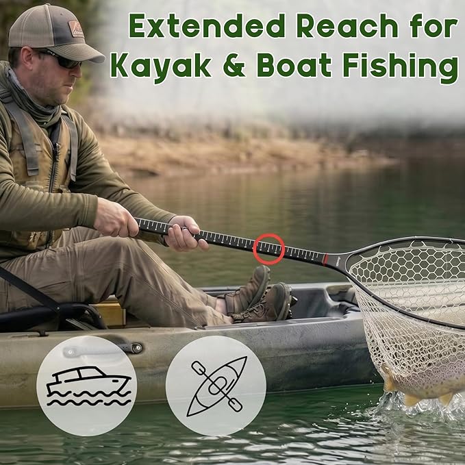Riverruns Fly Fishing Landing Net Carbon Fiber Trout Net with Measurement Handle, Soft Rubber Mesh - 26" Standard (Wading) / 37" Long (Kayak)