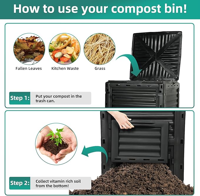 Compost Bin Outdoor, 80 Gallon Large Garden Composter, Black | Large 300L capacity with BPA-free construction, secure flip-latch lid, and easy assembly for garden, kitchen, and yard waste.