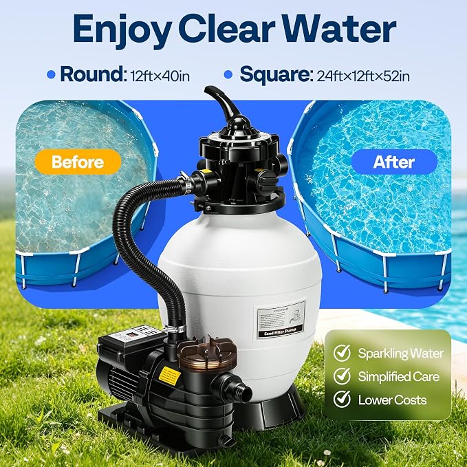 VIVOHOME Sand Filter Pump with 1/2 HP Motor, 2640 GPH w/Timer for in/Above Ground Pools up to 14,000 Gallons, 7-Way Valve with 55-Pound Sand Capacity