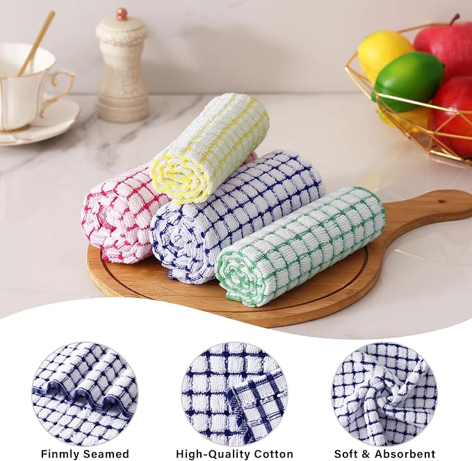 Kitinjoy Cotton 16 Pack Kitchen Towels and Dishcloths Sets, 16 x 25 Inch & 12 X 12 Inch Dish Towels Bulk, Super Soft and Absorbent Hand Towels for Kitchen Drying, Mixed Color