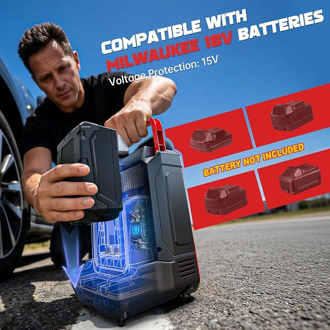 5X Faster Tire Inflator Air Compressor, LIVOWALNY 160PSI Cordless Air Pump Compatible with Milwaukee 18V Battery with Digital Pressure Gauge, Deflator & Auto Shut-Off for Car, Bicycle (Tool Only)