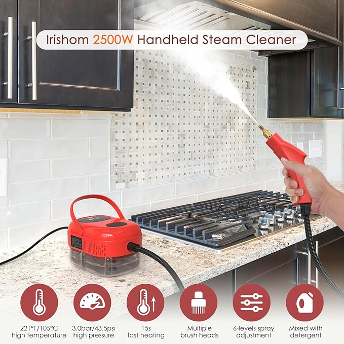 2500W Steam Cleaner, High Pressure High Temperature Steam Cleaning Machine, 1000ml, 3 Bar with 3 Brush Heads (Red)