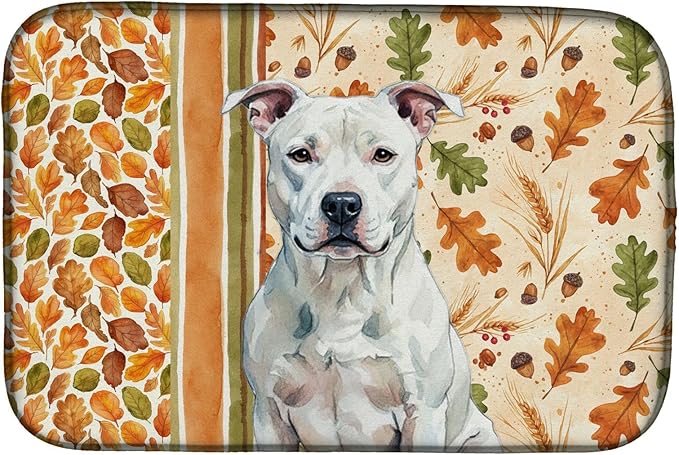 Caroline's Treasures White American Staffordshire Terrier Heirloom Fall Dish Drying Mat Absorbent Dish Drying Mat Pad for Kitchen Counter Dish Drainer Mat for Countertop, 14 x 21", Multicolor