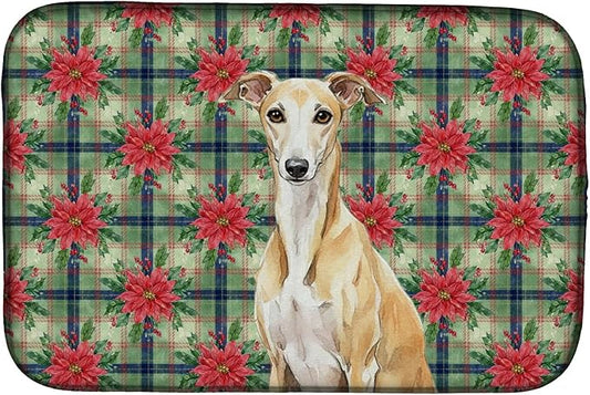 Caroline's Treasures Fawn Whippet Christmas PoinsettIas Dish Drying Mat Absorbent Dish Drying Mat Pad for Kitchen Counter Dish Drainer Mat for Countertop, 14 x 21", Multicolor