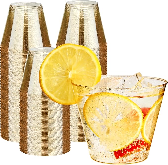RACETOP 9 oz 100 Pack Gold Glitter Plastic Cups, Disposable Gold Glitter Clear Plastic Cups for Parties, Gatherings, Weddings, and Festival Events