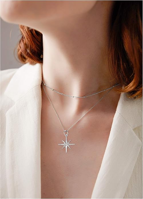 FLYOW Layered Choker Necklace S925 Sterling Silver Star Full Moon Daisy Flower Pendant Disc Jewelry Adjustable Clavicle Necklaces for Women Girls Birthday Gifts