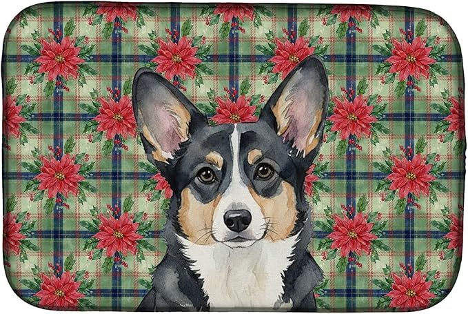 Caroline's Treasures Black and White Cardigan Welsh Corgi Christmas PoinsettIas Dish Drying Mat Absorbent Dish Drying Mat Pad for Kitchen Counter Dish Drainer Mat for Countertop, 14 x 21", Multicolor