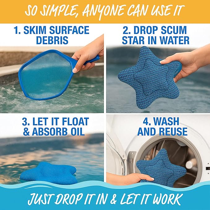STAR SPLASH Scum Star Hot Tub Scum Absorber Two Pack- Reusable Oil Absorbing Sponge - Must Have hot tub Accessories for Adults and Kids