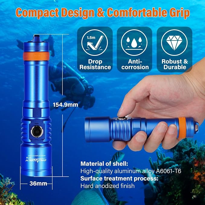 ORCATORCH D710 Scuba Diving Light, 3000 Lumens Super Bright Underwater Flashlight with 6 Degrees Narrow Beam, IP68 Waterproof Night Dive Torch 150 Meters Submersible Light (Blue)