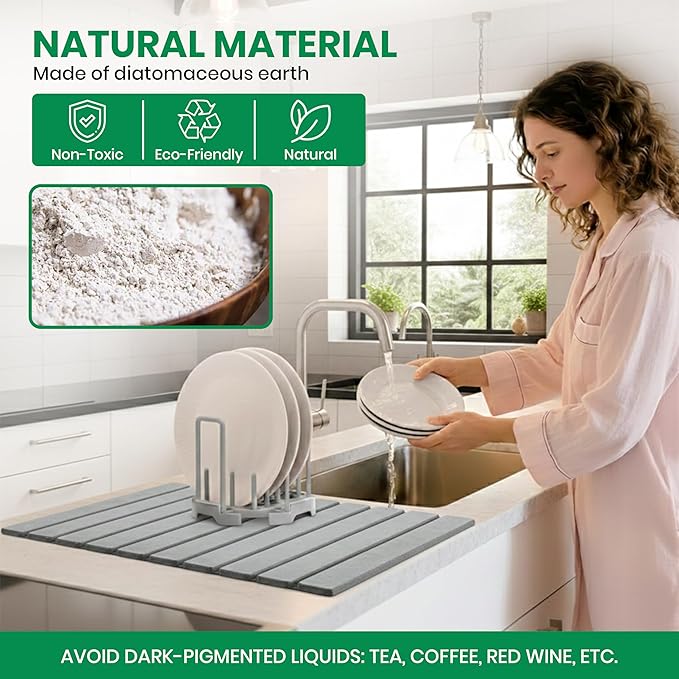 Stone Dish Drying Mat for Kitchen Counter - 23x15 Large Quick Dry Stone Mat Kitchen, Absorbent Diatomaceous Earth Kitchen Drying Mats for Countertops, Fast Drying Stone Sink Mat for Dishes and Cups