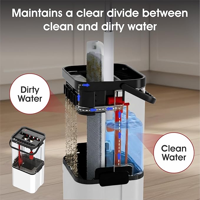 Self Cleaning No Dirt Flat Extendable Mop & Transparent Bucket System,Dual Chamber Design for Clean/Dirty Water Separation,Includes Microfiber Pads,Wet & Dry Floor Mop 360 (4 Refills)