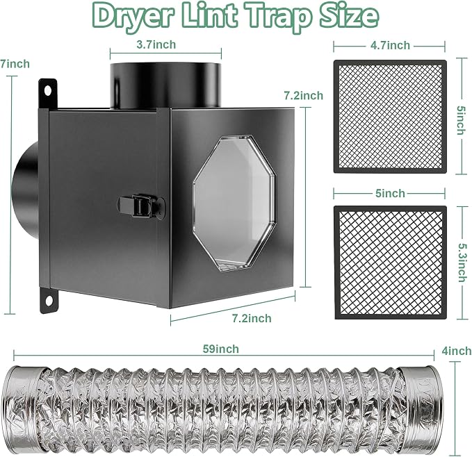 Metal Indoor Dryer Vent Lint Trap Box, 4" Secondary Dryer Lint Catcher Kit with 5FT Hose & Stainless Steel Clamps, Easy to Install for Electric Clothes Dryer, 90-degree Dryer Vent Filter (Black)