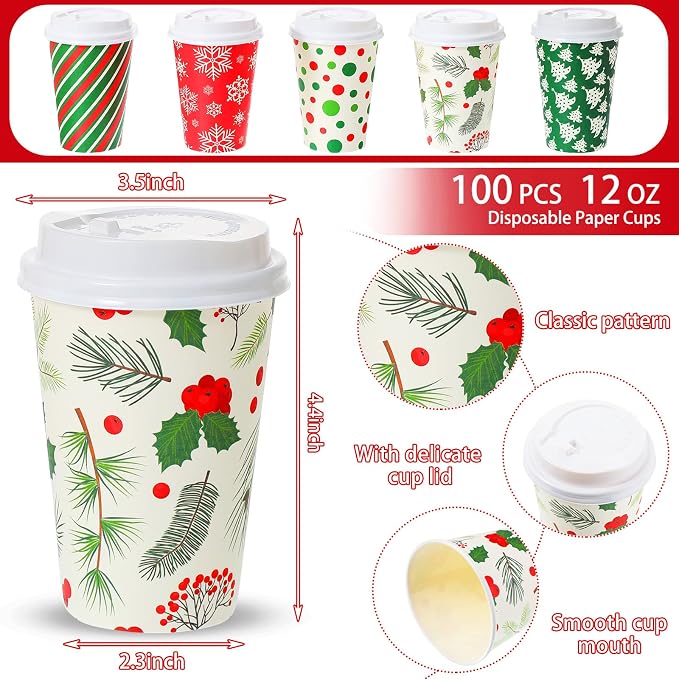Gerrii 100 Set Christmas Paper Cups Disposable 12 oz with Lids Hot Chocolate Cups Coffee Cups Holiday Hot Cups for Hot and Cold Drinks Tea Water Bar Supplies Winter Season(Pretty Style)