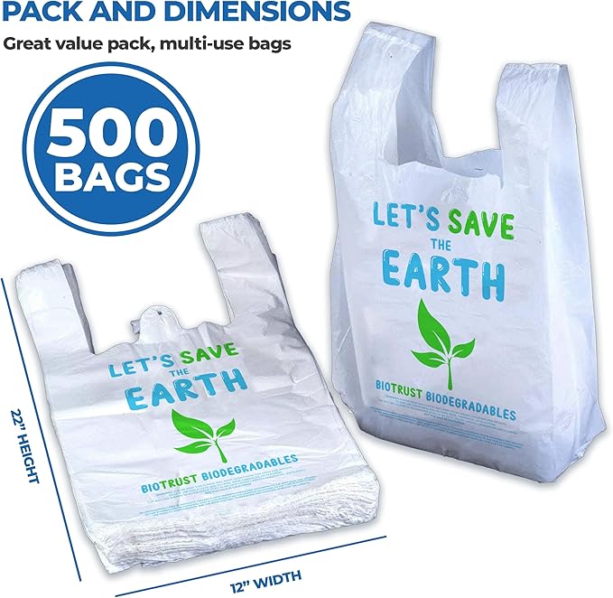 Biorift Thank You Bags | 500 Count Bulk Large T-Shirt Grocery Bags w/ Handles, Extra Thick & Durable Shopping Bags for Grocery, Restaurants, Retail Stores & Takeout | 12" x 6.5" x 22" | Made in USA