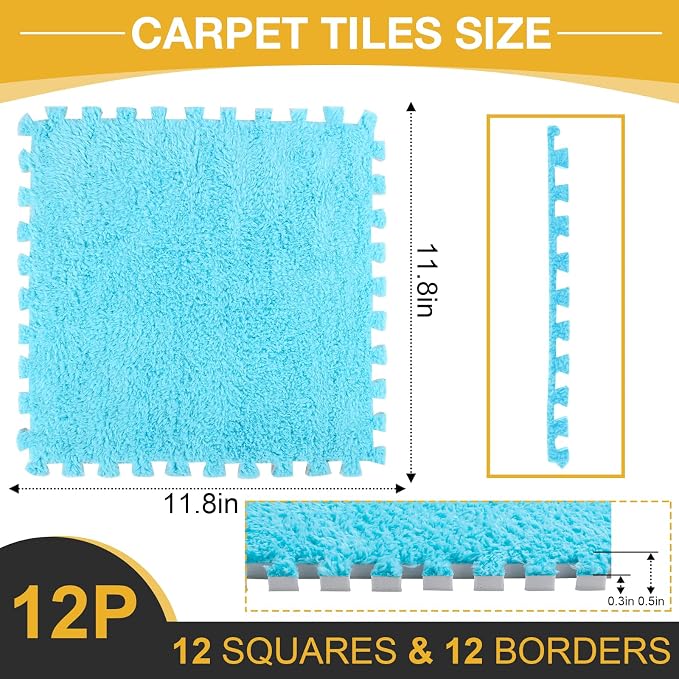 12 Pcs Plush Interlocking Carpet Tiles, Non-Toxic Foam Carpet Tiles for Toddler Baby, Anti-Slip, EVA Foam Interlocking Tiles for Floor, Nursery, Playroom, Blue
