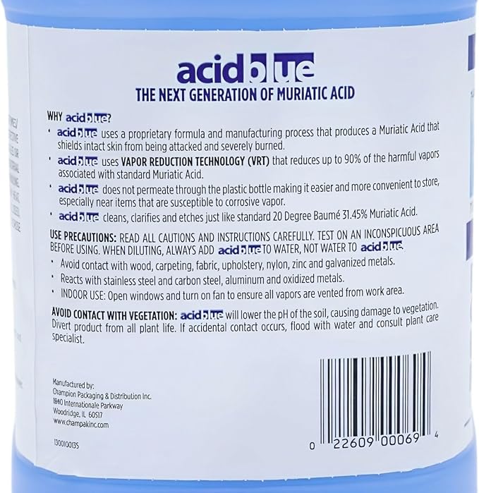 CPDI Champion 4-Pack Acidblue Muriatic Acid for Swimming Pools & Spas, 1 Gallon Each - Low-Fume pH Stabilizer & Cleaner for Concrete & Masonry Surfaces, Clears Rust & Scale Build-Up