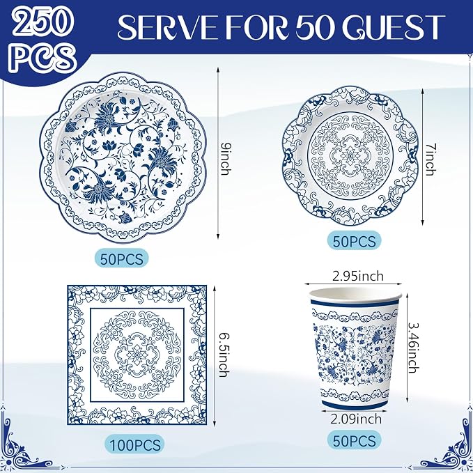 Pickmesh 250 Pcs Chinoiserie Party Supplies Decorations Blue and White Porcelain Disposable Paper Plates Napkins and Cups for Blue White Floral Baby Shower Birthday Wedding Tea Party, Serve 50
