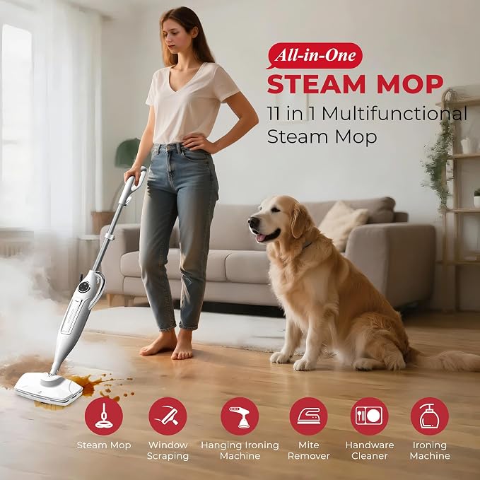 Rosewill 11-in-1 Steam Mop, 260°F Handheld Steam Cleaner, 1200W Detachable Steam Mops for Floor Cleaning, Removable Tank, Multi-Purpose Steamer for Hardwood, Tile, Grout, Furniture - White